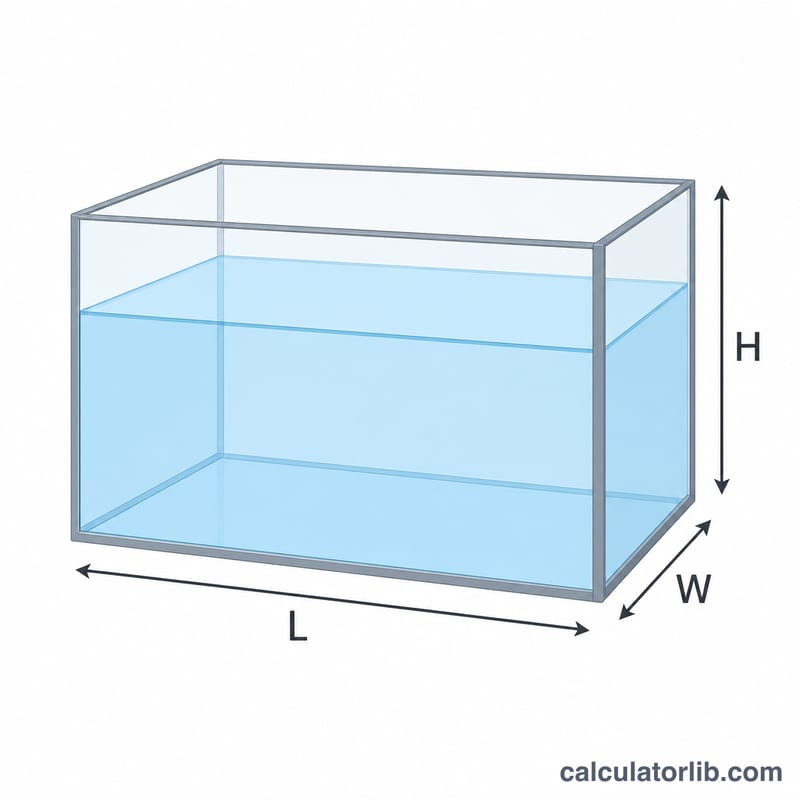 Rectangular aquarium tank with length, width, and height dimensions labeled