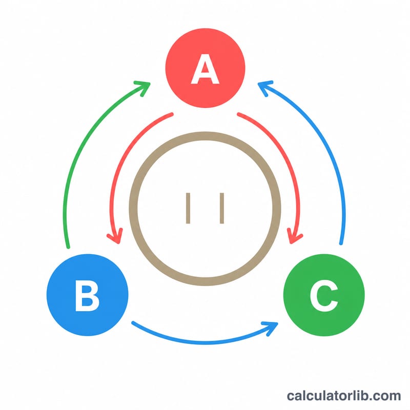 Diagram of three contestants A, B, C in a rotating sumo playoff