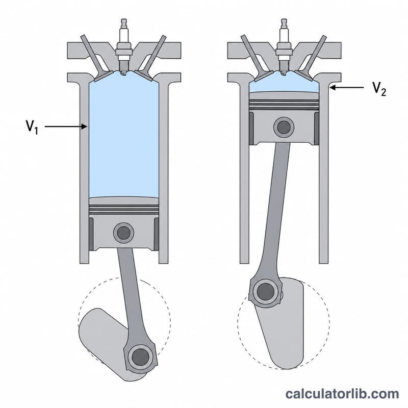 Xi-lanh động cơ với piston nén khí, thể hiện thể tích ở đáy và đỉnh hành trình