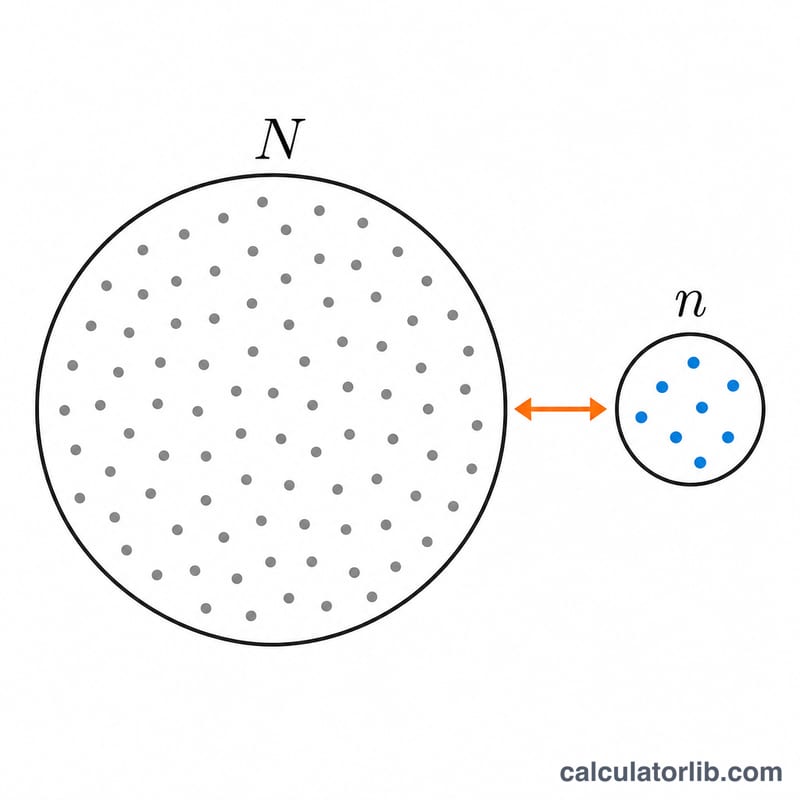 A large population of dots with a small subset highlighted as a sample, with a gap symbolizing sampling error