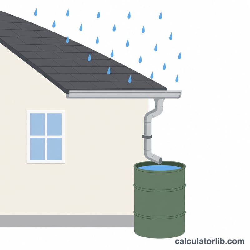 Diagram of rain falling on a roof, flowing through a gutter and downspout into a collection barrel