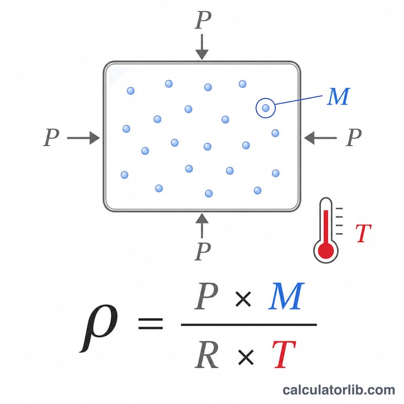 Diagram showing gas density formula relationship between pressure, molar mass, temperature and density