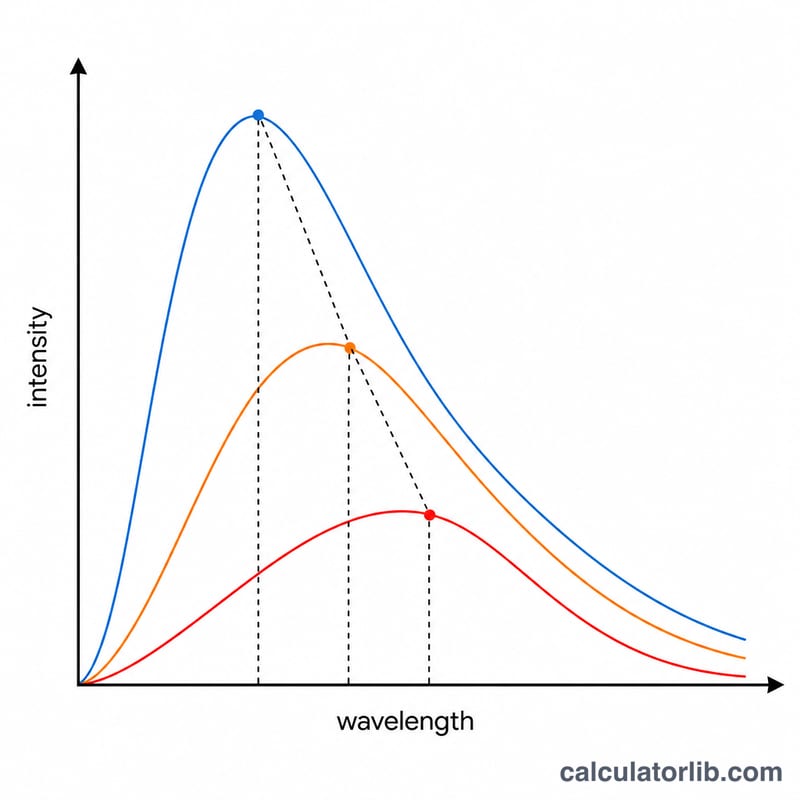 Black body emission curves for three temperatures with peaks shifting to shorter wavelengths as temperature rises