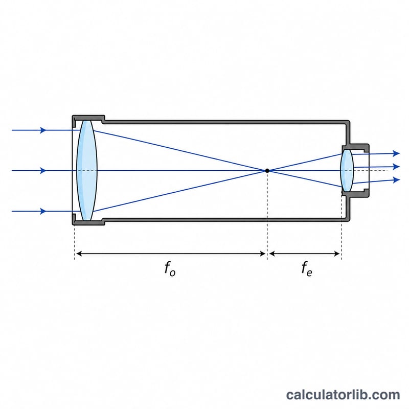 Telescope optics showing objective and eyepiece focal lengths