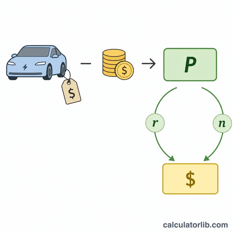 Diagram showing car price minus down payment equals loan principal, plus interest building the monthly payment