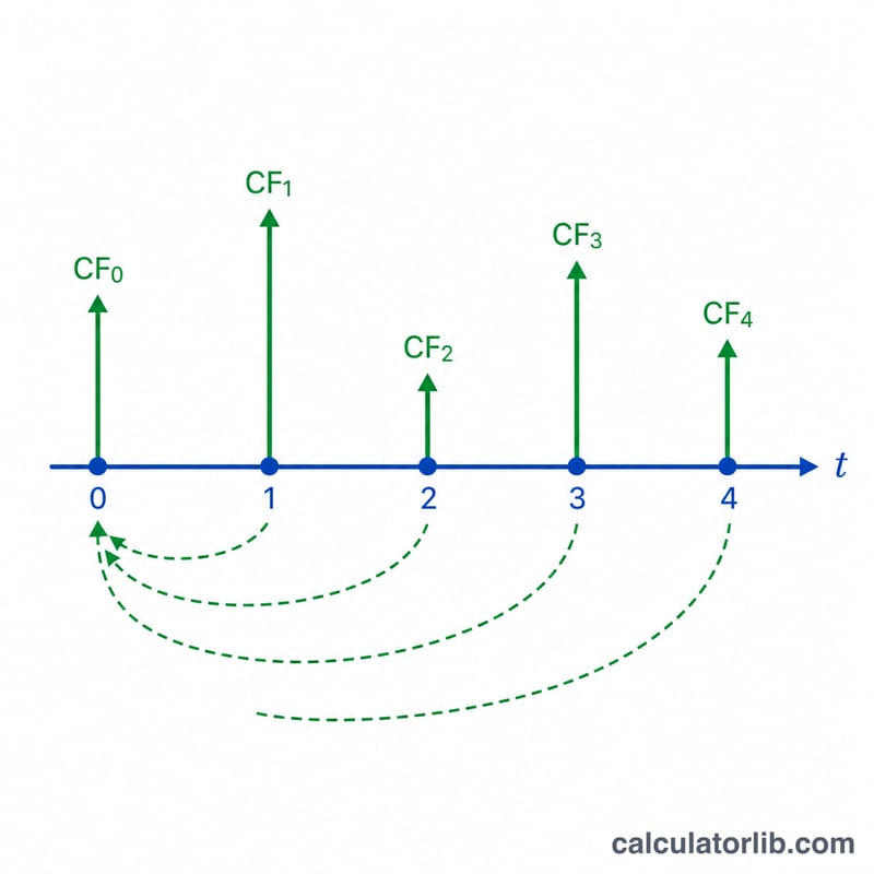 Timeline showing uneven cash flows at each period discounted back to present value