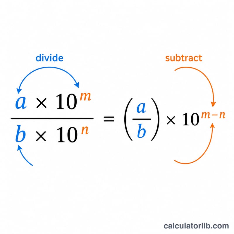 Diagram showing coefficients divided and exponents subtracted in scientific notation division