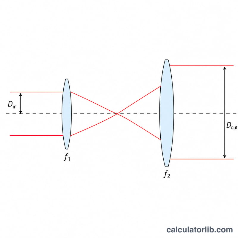 Keplerian beam expander showing a narrow input beam passing through two convex lenses and exiting as a wider collimated beam