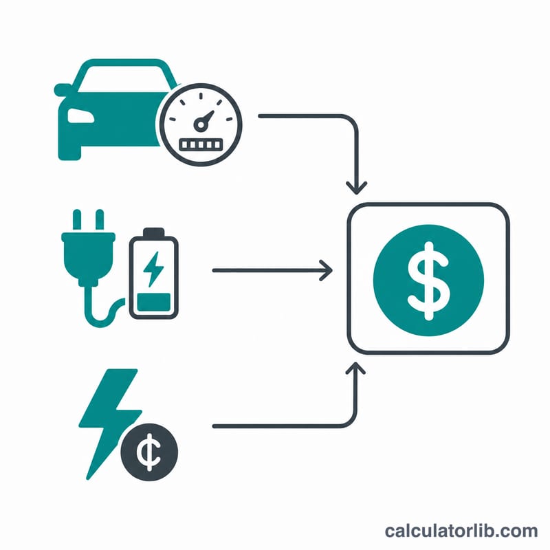 Flat diagram showing miles driven, energy efficiency, and electricity rate combining into a monthly cost