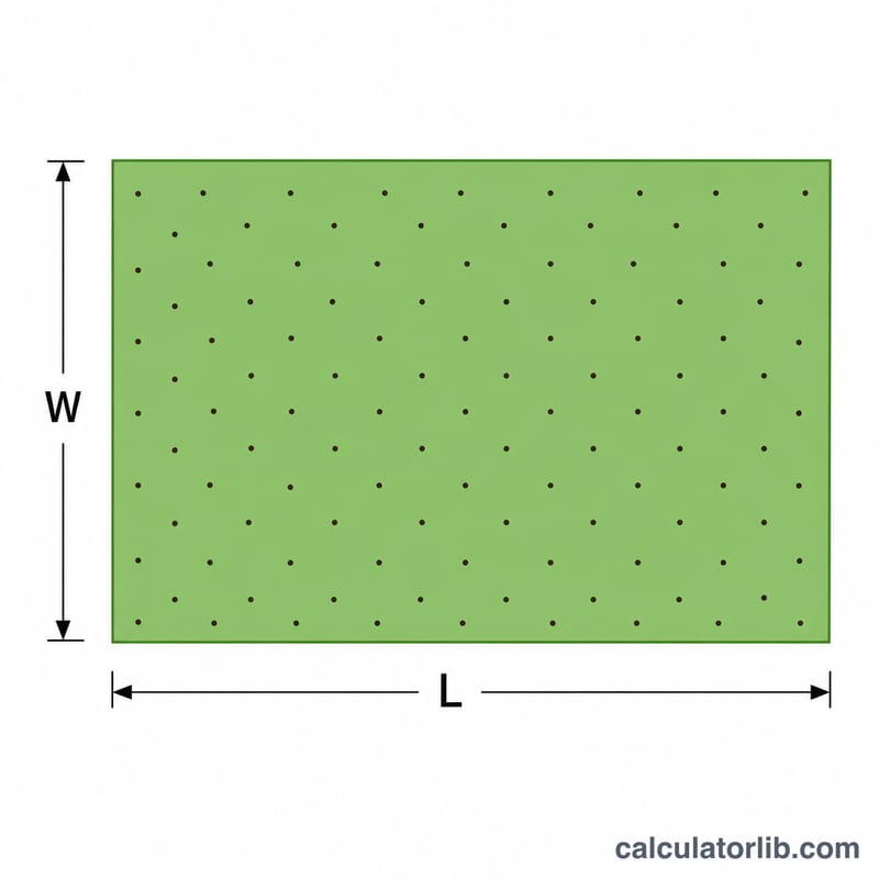 Pelouse rectangulaire avec longueur et largeur indiquées et graines éparpillées