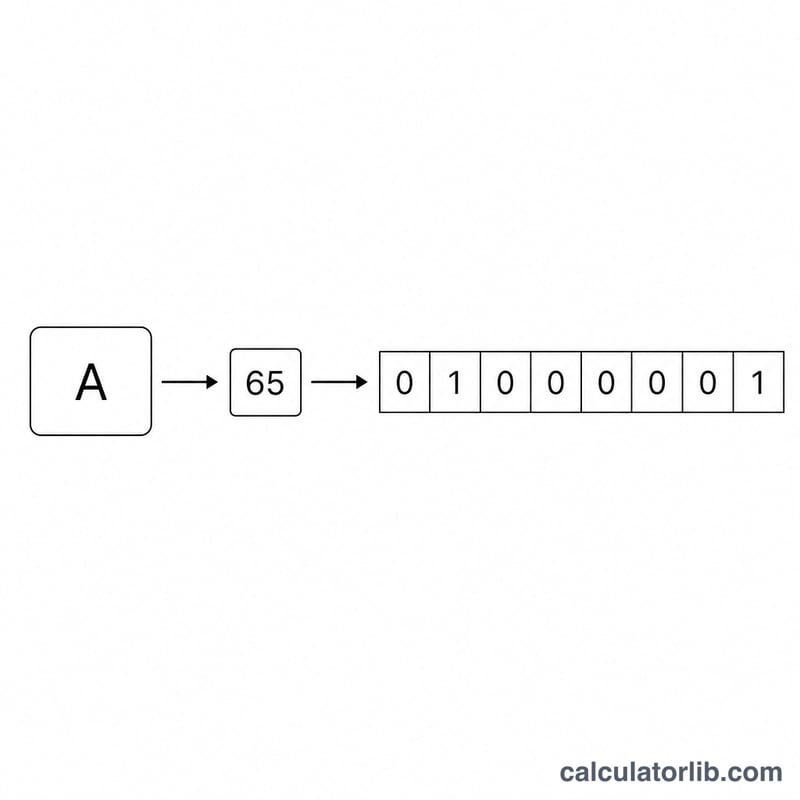 Diagram showing a single character mapped to its ASCII number then to an 8-bit binary byte