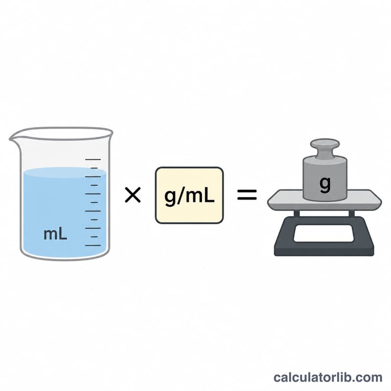 Volume in milliliters multiplied by density equals mass in grams