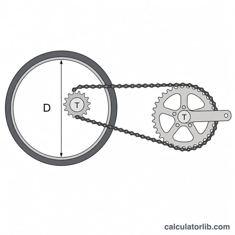 Diagram of a bicycle drivetrain showing wheel diameter, chainring teeth, and rear cog teeth