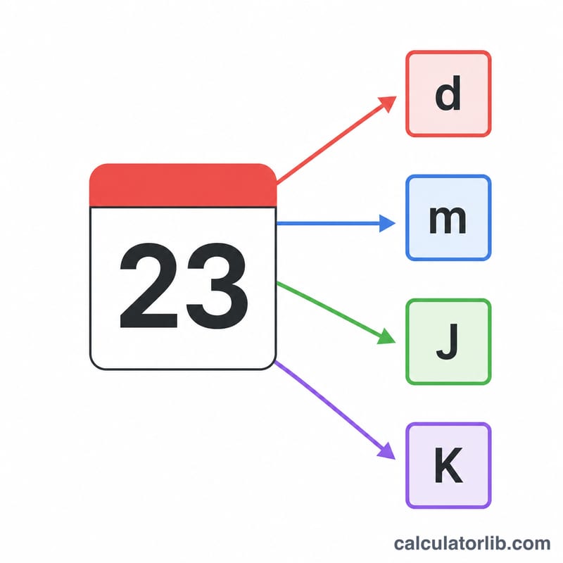 Diagram mapping a date to Zeller's congruence variables d, m, J, K