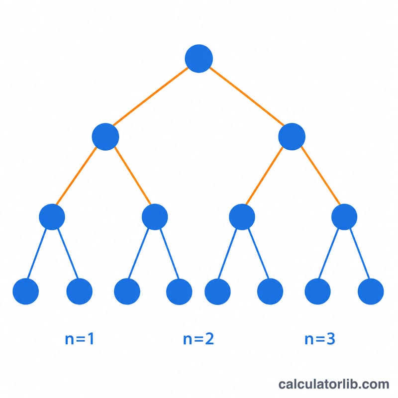 Branching binary tree doubling the number of states as qubits increase from 1 to 3