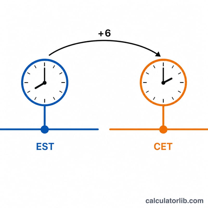 Diagram showing EST clock and CET clock six hours apart with a +6 arrow