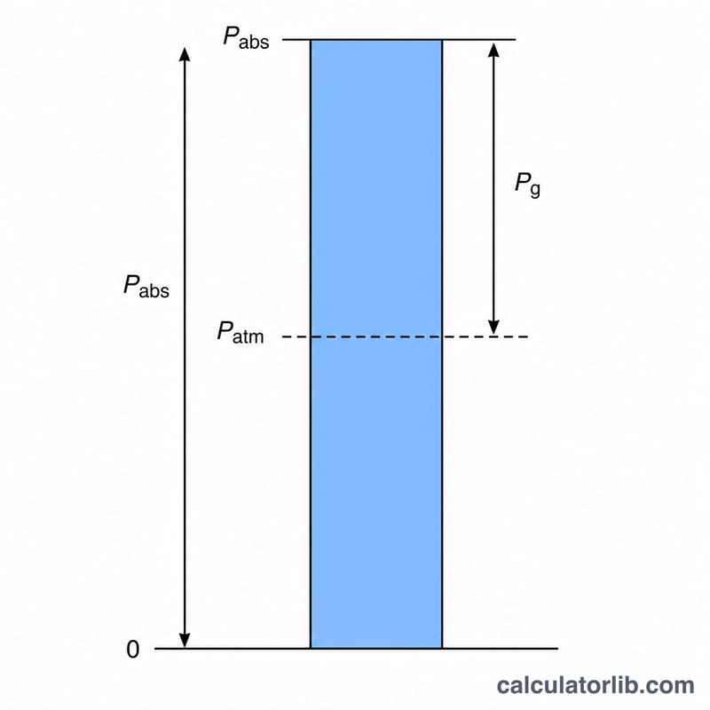 Diagramme comparant la pression absolue mesurée à partir du vide nul et la pression relative mesurée à partir de la pression atmosphérique