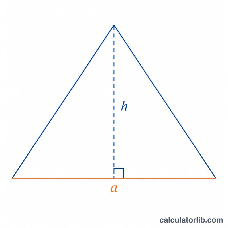 Triángulo que muestra la base a en la parte inferior y la altura perpendicular h como una línea discontinua hacia el vértice