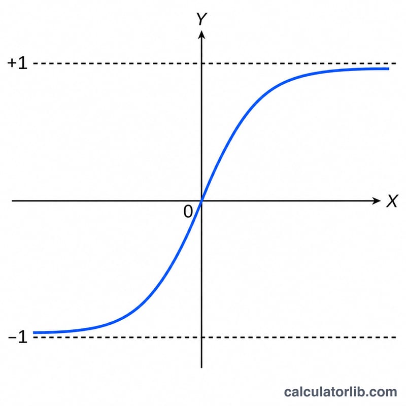 S-shaped tanh curve crossing the origin and approaching horizontal asymptotes at +1 and -1