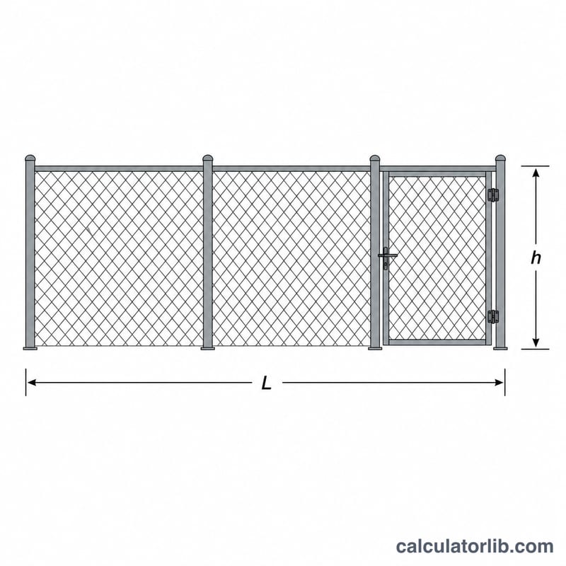 Diagram of a chain link fence showing length, height, and a gate section