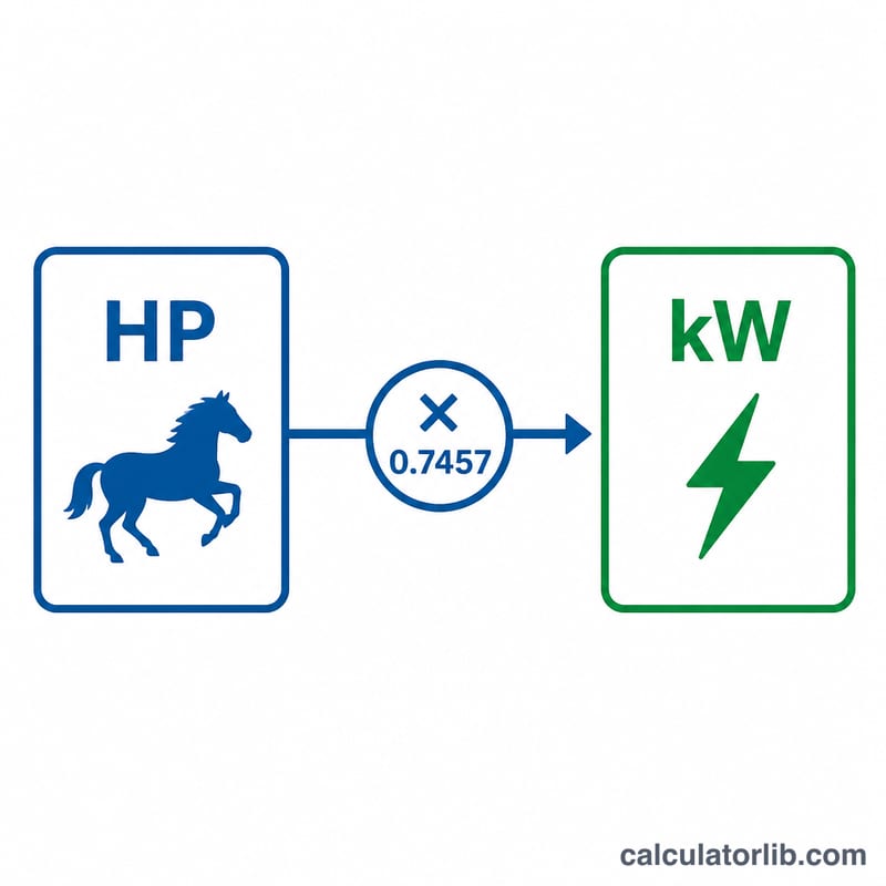 आरेख जिसमें HP को 0.7457 से गुणा कर kW में बदलते दिखाया गया है