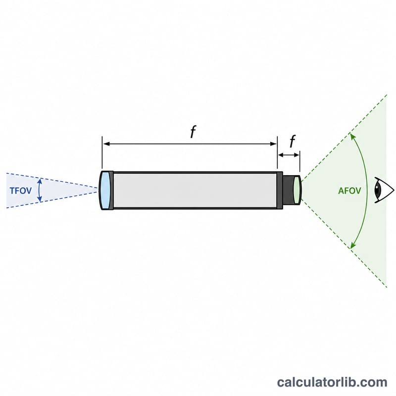 Schéma montrant les distances focales du télescope et de l'oculaire avec les angles de champ apparent et réel