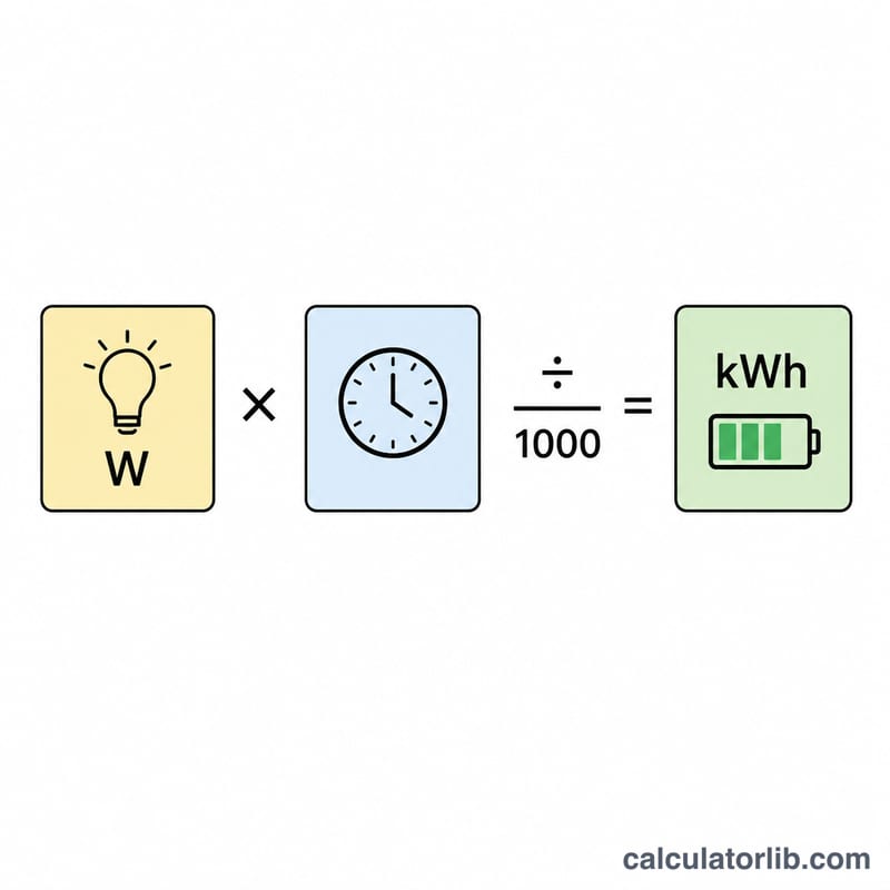 Diagram showing power in watts multiplied by hours then divided by 1000 to give kilowatt-hours