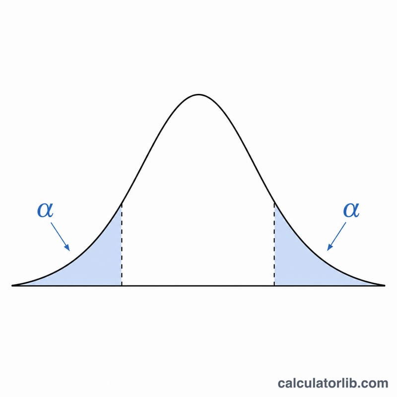 Bell-shaped distribution curve with shaded tail regions marking critical values and rejection zones
