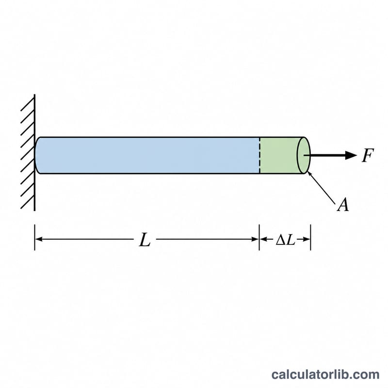 Diagram of a rod stretched by a force showing original length, elongation and cross-sectional area