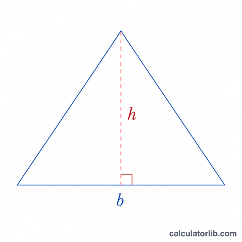 Triangle showing base b along the bottom and perpendicular height h to the apex
