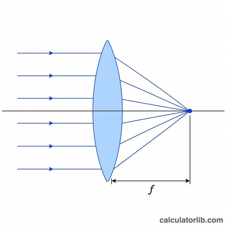 Cross-section of a biconvex lens showing two curved surfaces, focal point and focal length