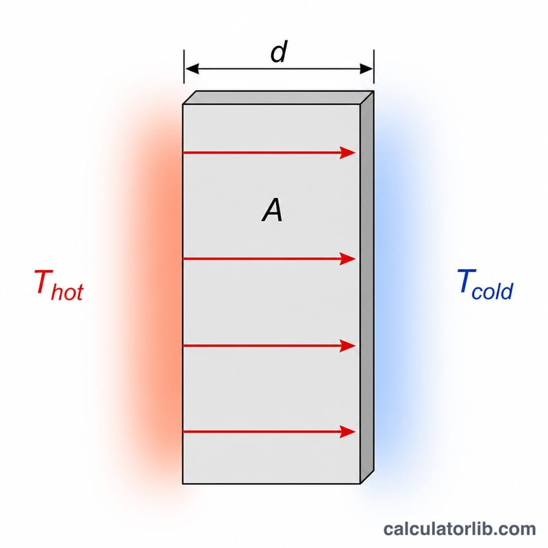 Diagram of conductive heat flow through a flat wall of thickness d and area A from hot to cold side