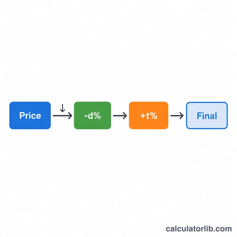 Flowchart showing original price reduced by discount then increased by tax to reach final price