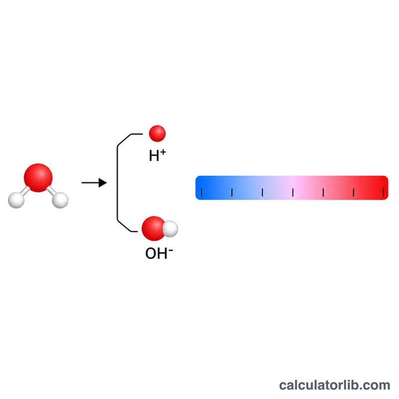Diagram of water dissociating into hydrogen and hydroxide ions with a pH-pOH scale