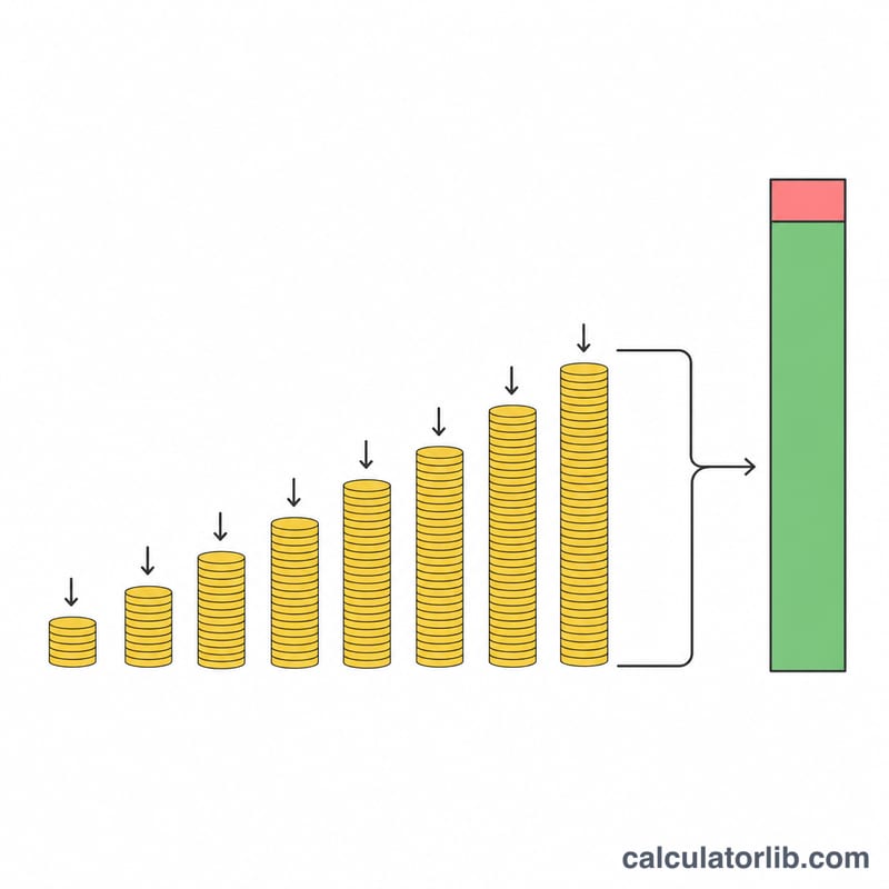 Stacked monthly deposits growing with interest into a maturity total, minus a tax slice
