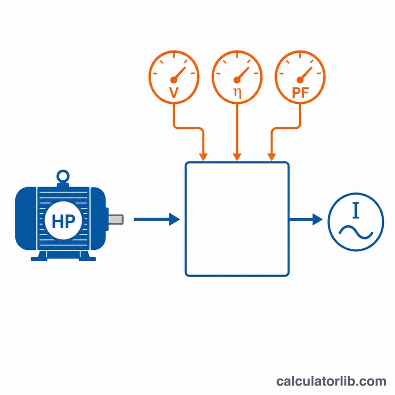 Flat diagram showing horsepower input converted to current using voltage, efficiency, and power factor