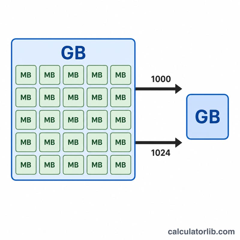 Diagram showing many MB blocks combining into one GB block via 1000 or 1024