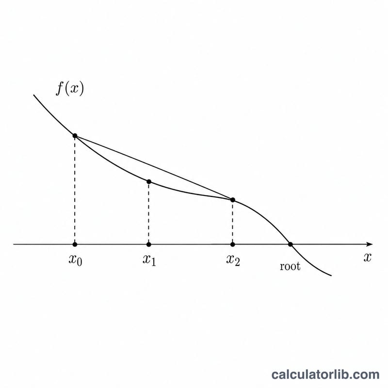 Curve f(x) crossing the x-axis with iteration points converging to the root