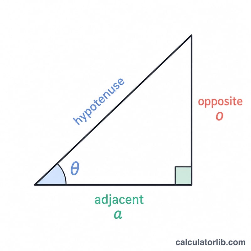 مثلث قائم يوضح الضلع المقابل والمجاور والوتر بالنسبة للزاوية ثيتا