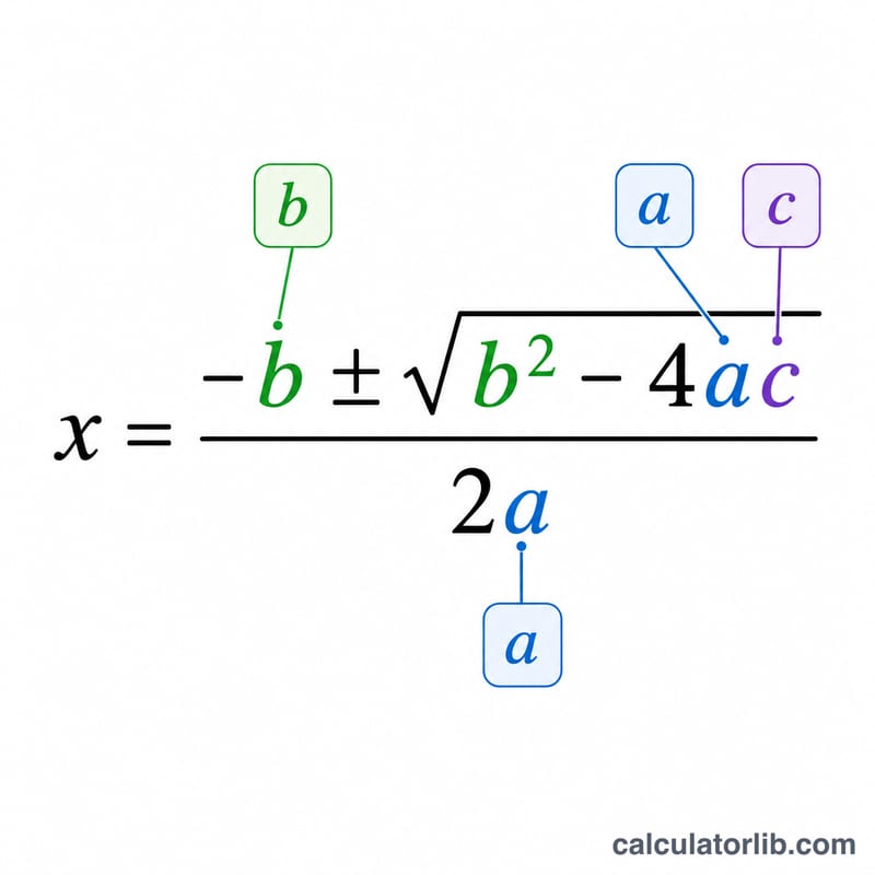 Labeled breakdown of the quadratic formula showing numerator, square root, and denominator