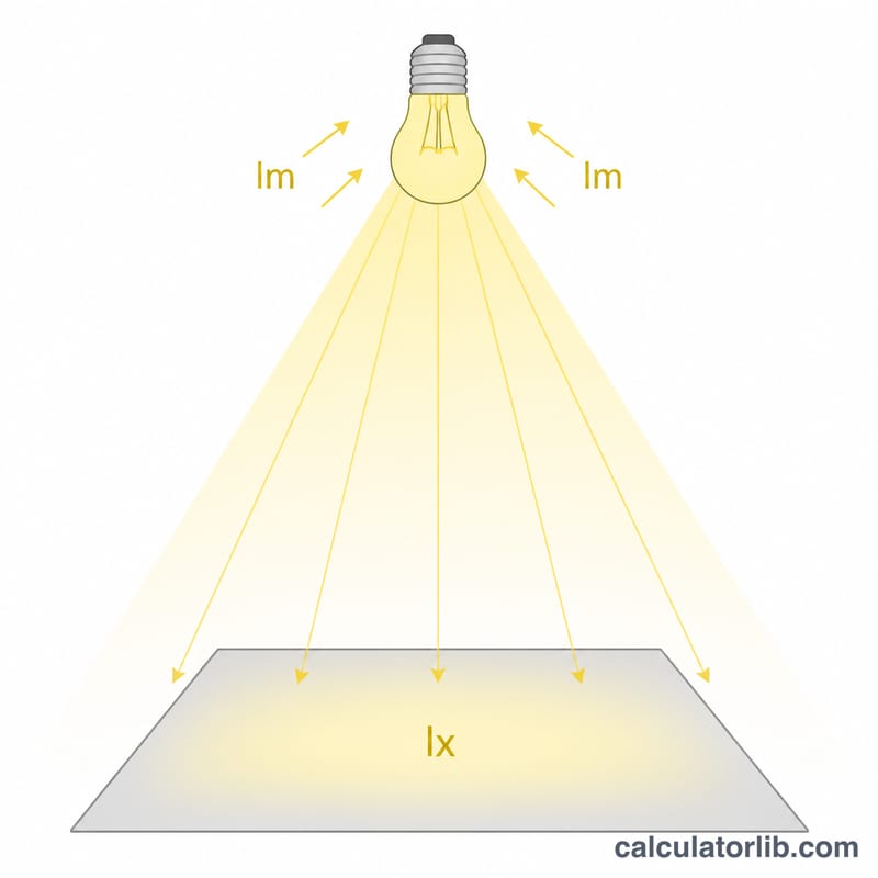 Bóng đèn phát quang thông lên một vùng hình vuông, minh họa lumen trải trên diện tích để cho ra lux