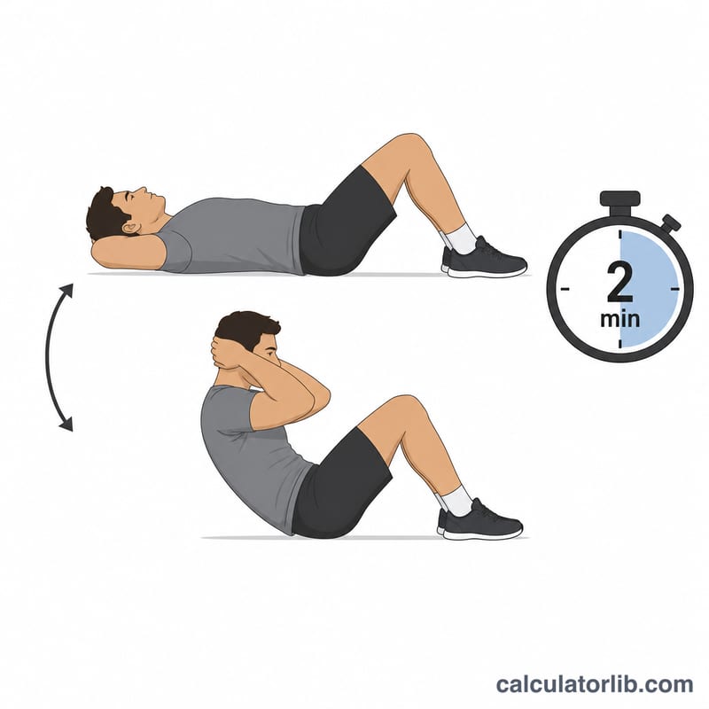 Person doing a sit-up with knees bent and a stopwatch showing a 2-minute limit