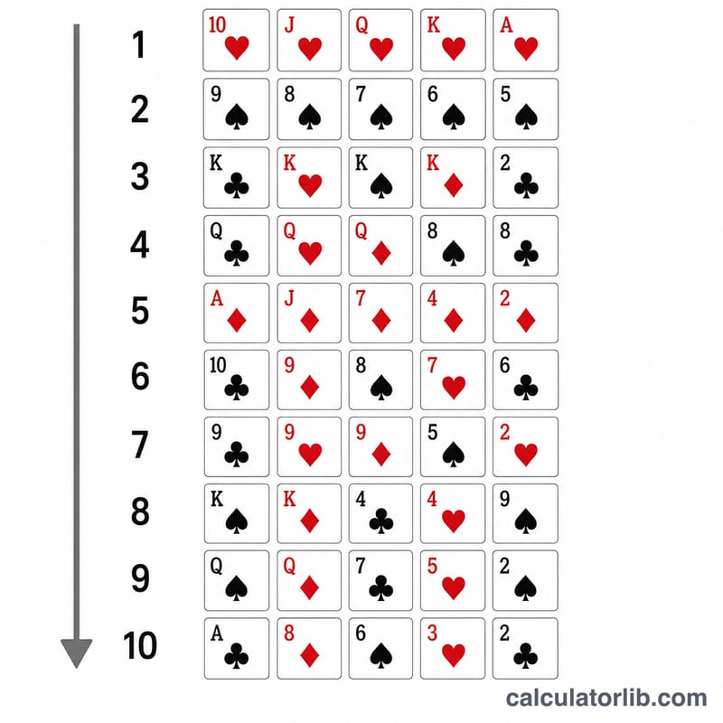 Ladder of the ten 5-card poker hand categories from highest to lowest, each shown as a row of five flat playing cards