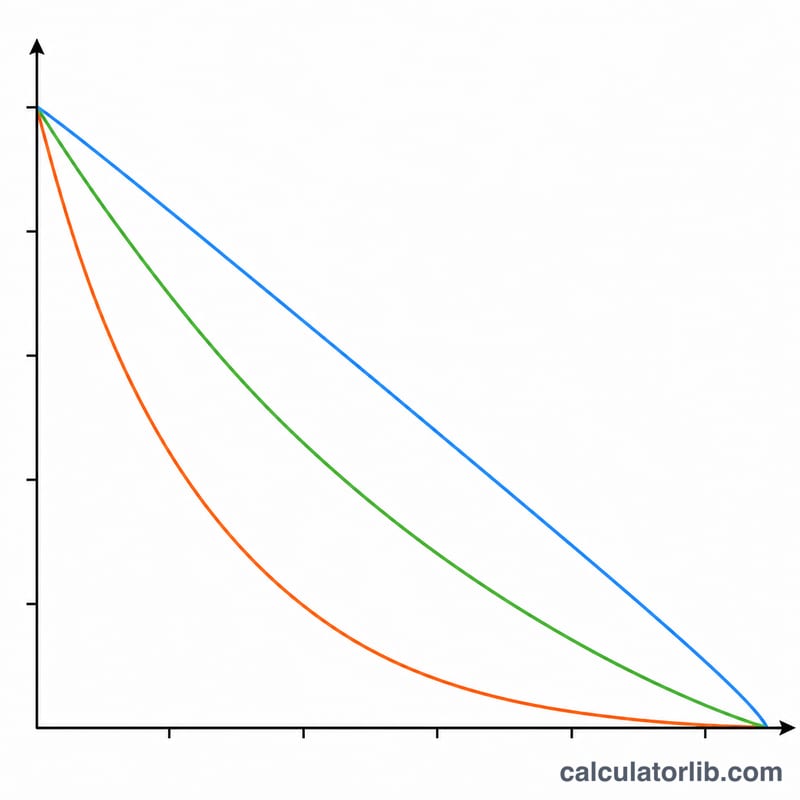 Line chart of book value declining over time for straight-line, declining balance, and sum-of-years methods