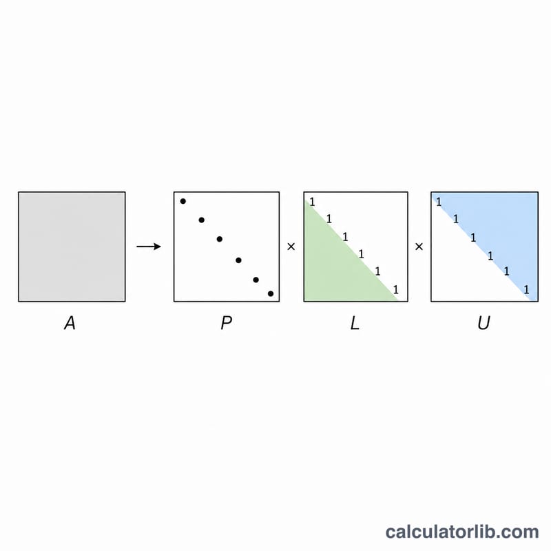 Schéma montrant la matrice A factorisée en permutation P fois triangulaire inférieure L fois triangulaire supérieure U