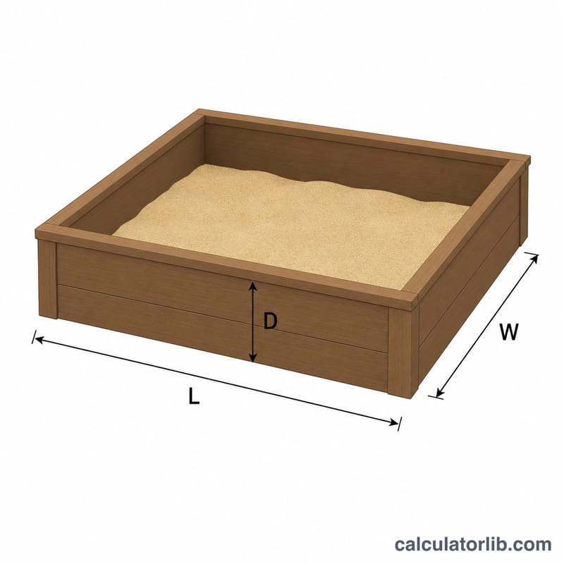 Rectangular sandbox with labeled length, width and sand depth dimensions