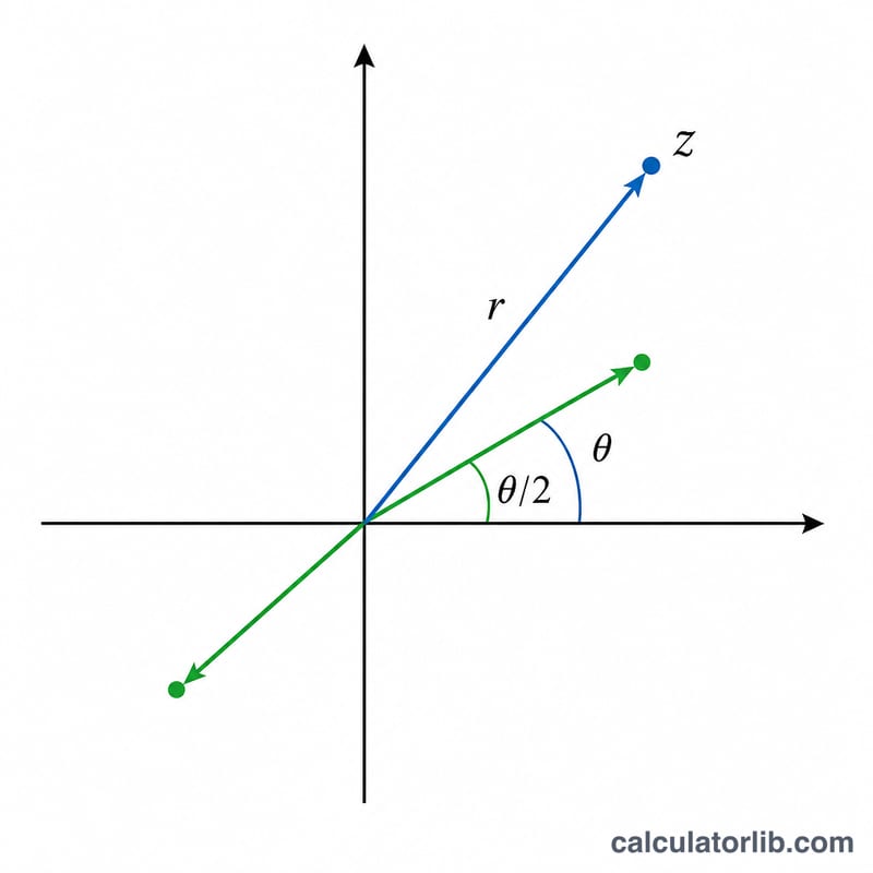Complex number and its two square roots plotted on the complex plane