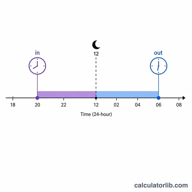 Timeline showing a shift starting in the evening, crossing midnight, and ending in the morning