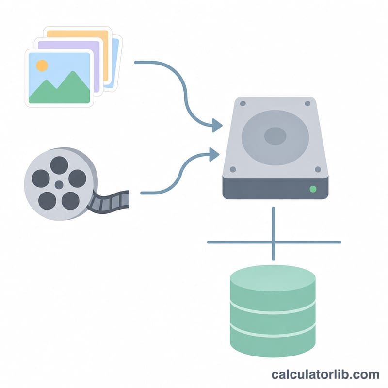 Diagram showing photos and video combining and converted into total storage