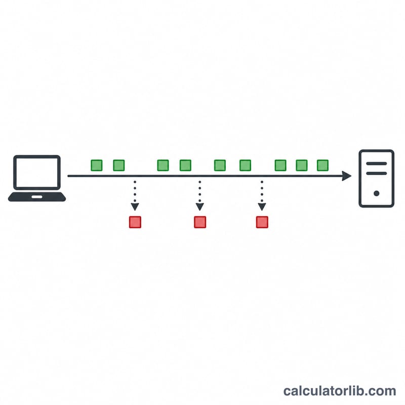 Diagram showing data packets traveling across a network with some packets dropped along the way